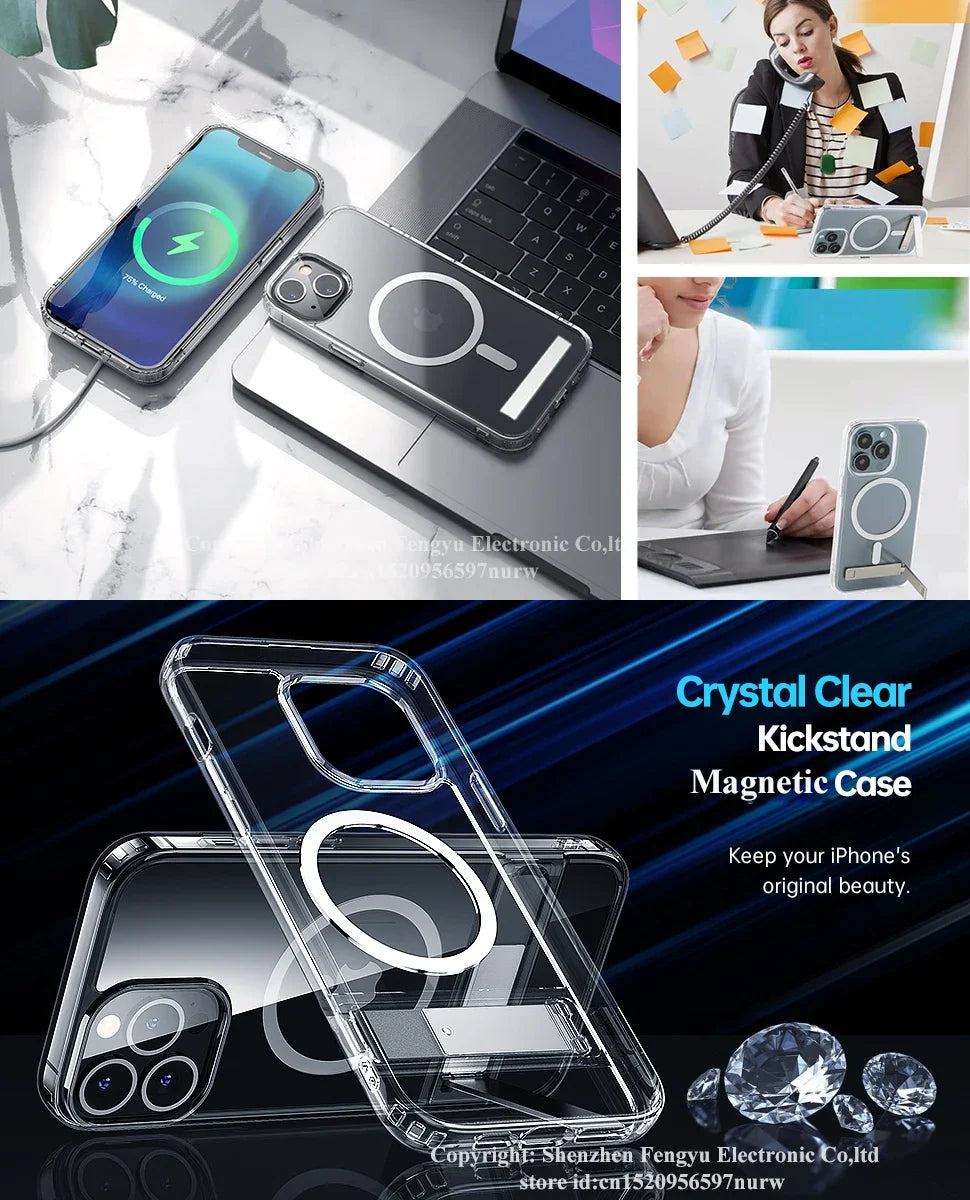 Clear Magnetic Kickstand Case – Wireless Charging Compatible for iPhone